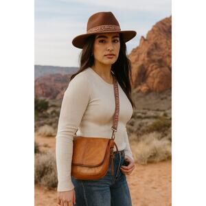 Joy Susan Cognac Brown Crossbody Bag with Patterned Strap